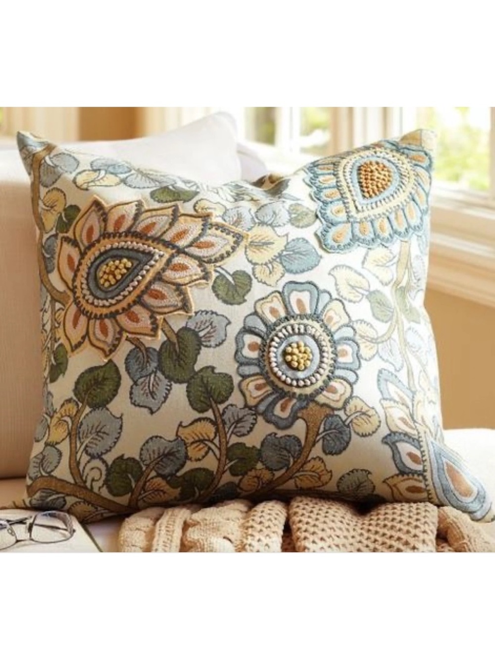 1 Pottery Barn Floral Crewel EMBROIDERED 20" Throw Pillow Cover Green Blue HTF